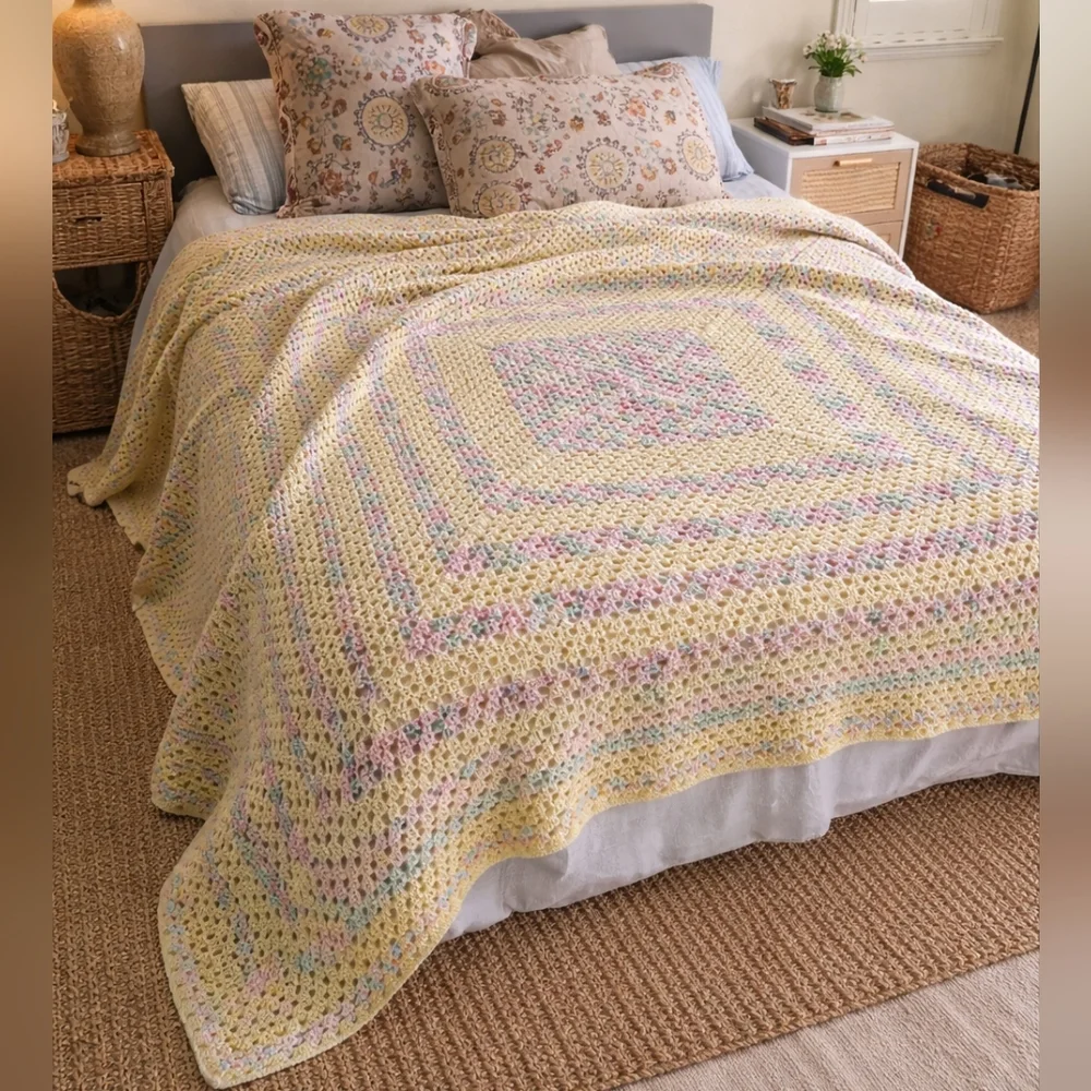 Vintage Crochet Blanket Cottagecore Heirloom Throw Pastel Granny Baby Room